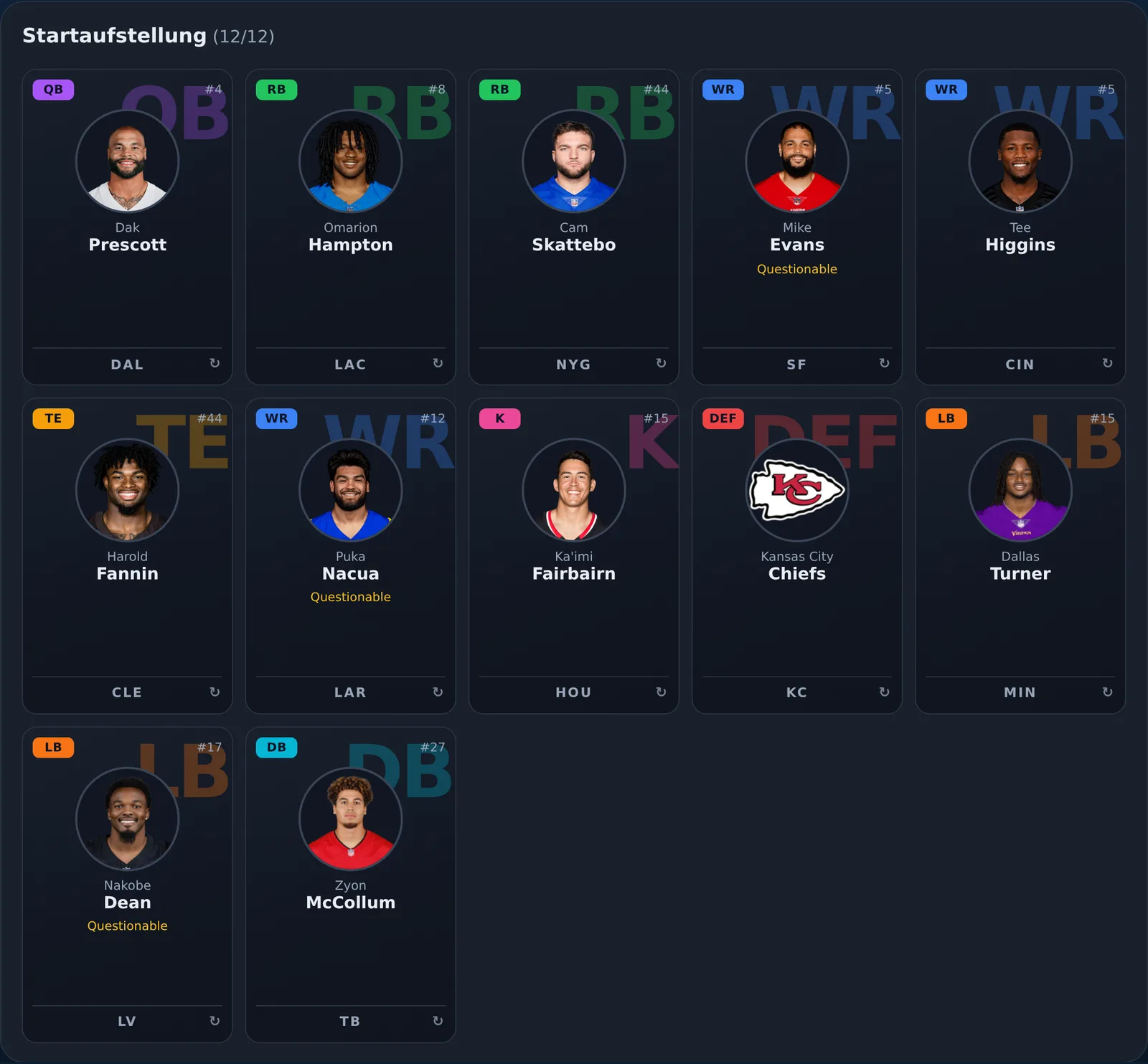 Startaufstellung als Spielerkarten mit Foto, Position, NFL-Team und Trikotnummer