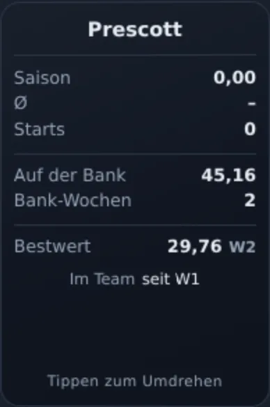 Die Rückseite einer Spielerkarte mit Saisonpunkten, Einsätzen, Bankpunkten, Bestwert – und der Zeile „Im Team W5, 13–14“